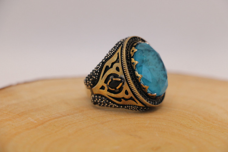 انگشتر نقره مردانه آپاتیت بیضی آبی یخی