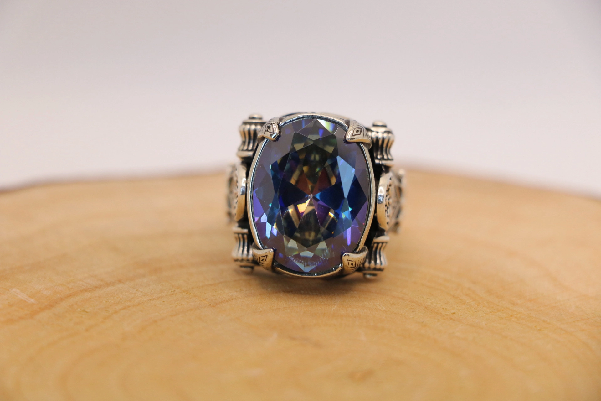 انگشتر نقره مردانه کوارتز هفت رنگ کرون