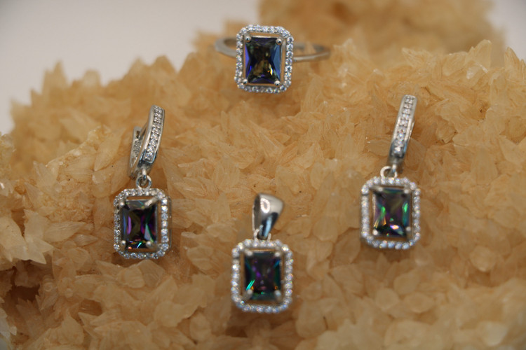 نیم ست نقره زنانه کوارتز هفت رنگ چهار گوش