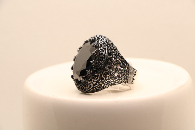 انگشتر نقره مردانه سنگ اونیکس بیضی طرح گلستان