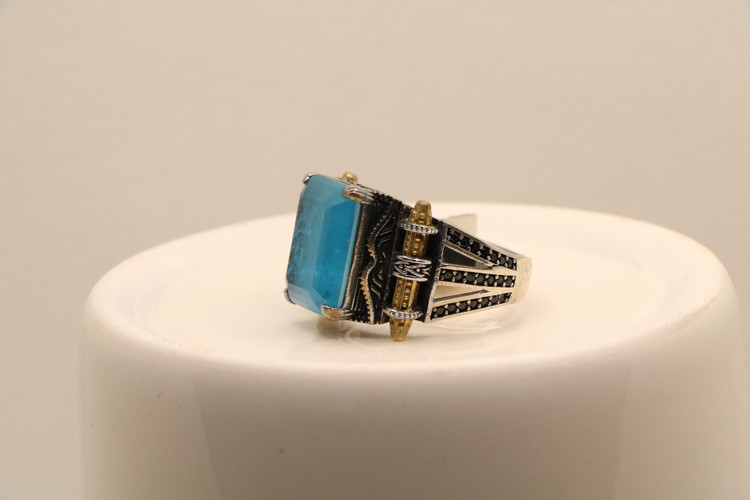 انگشتر نقره مردانه آپاتیت چهار گوش طرح یونانی