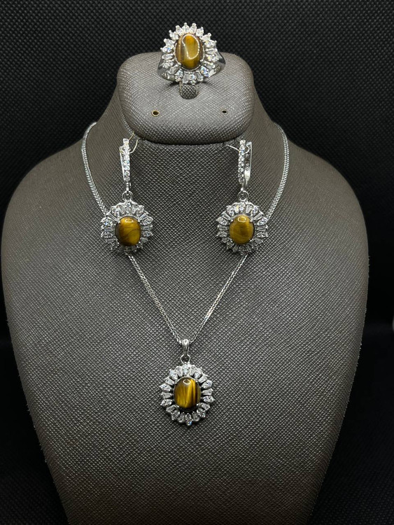 نیم ست نقره زنانه نگین چشم ببر (سنگ ثروت)