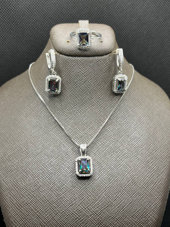 نیم ست نقره زنانه کوارتز هفت رنگ چهار گوش