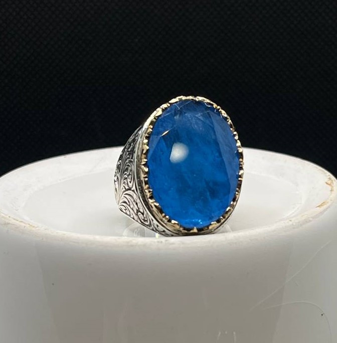 انگشتر نقره مردانه آپاتیت آبی دریایی