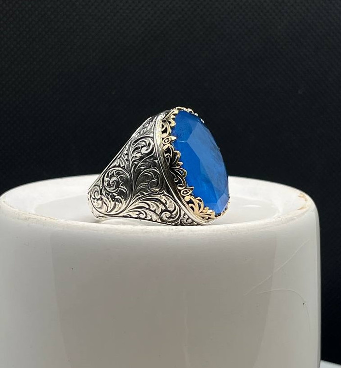 انگشتر نقره مردانه آپاتیت آبی دریایی