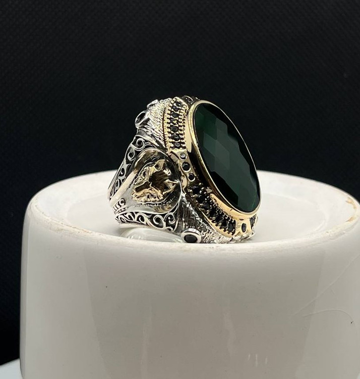 انگشتر نقره مردانه کوارتز سبز زمردی