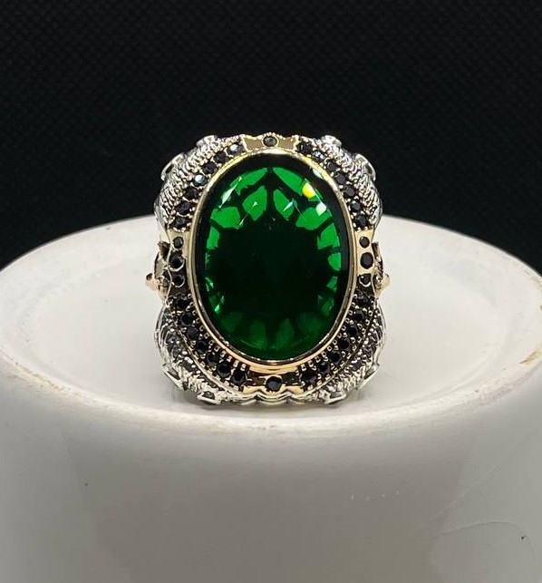 انگشتر نقره مردانه کوارتز سبز زمردی