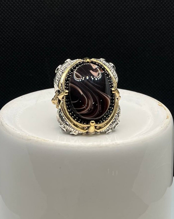 انگشتر نقره مردانه عقیق سلیمانی قهوه ای