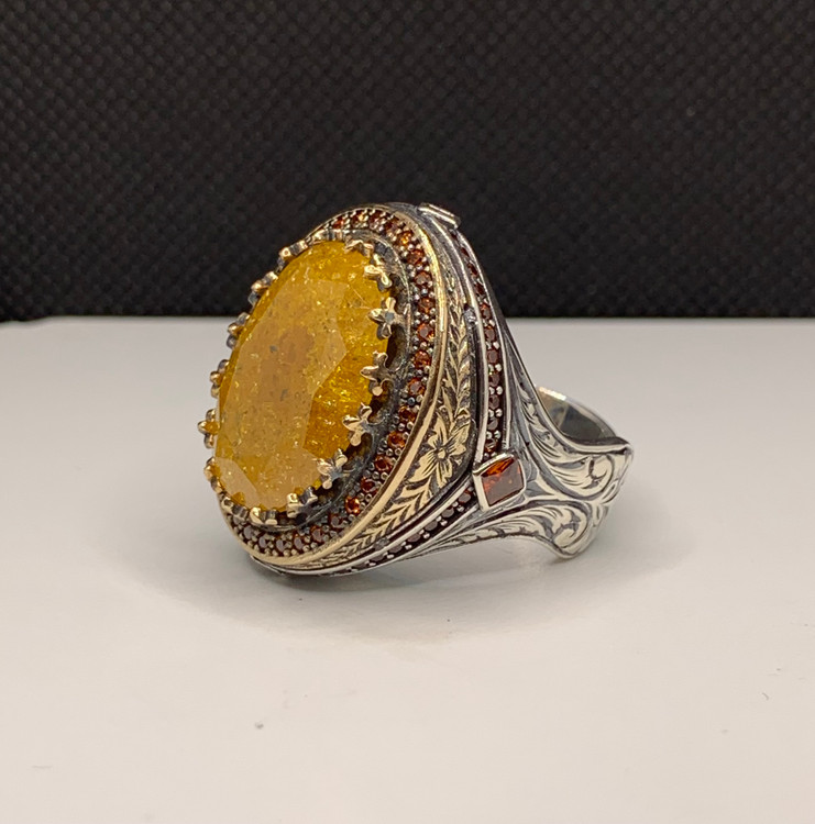 انگشتر نقره مردانه کهربا سنتتیک