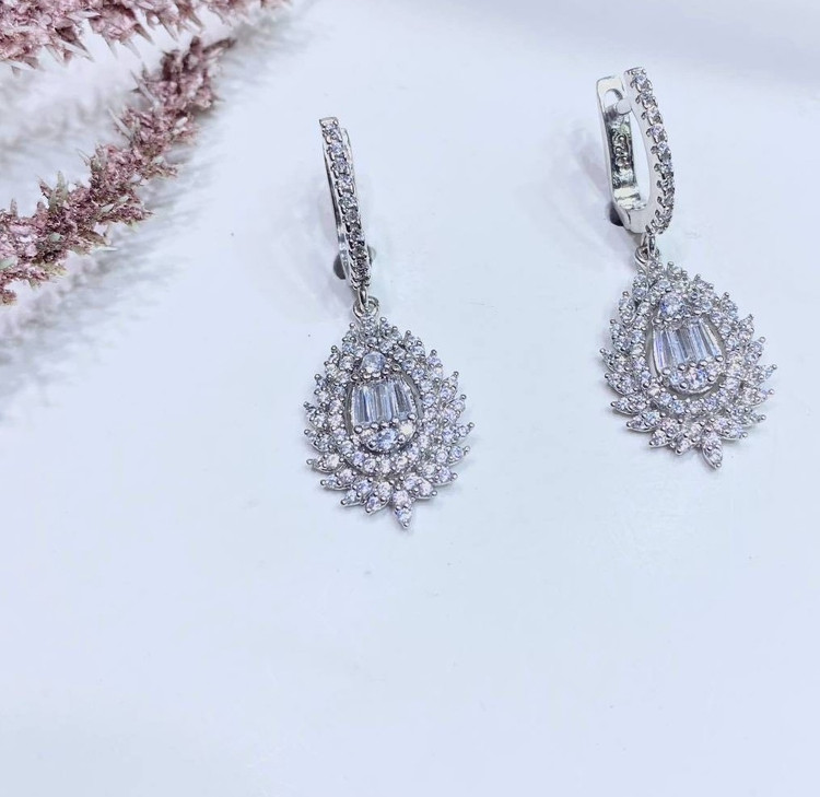 گوشواره نقره زنانه جواهری نگین باگت