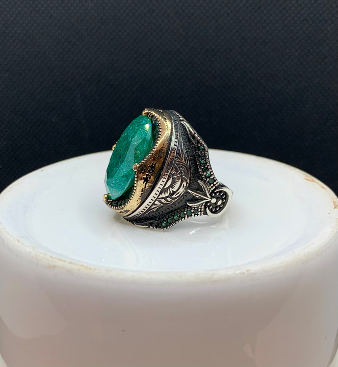 انگشتر نقره مردانه کهربا سبز