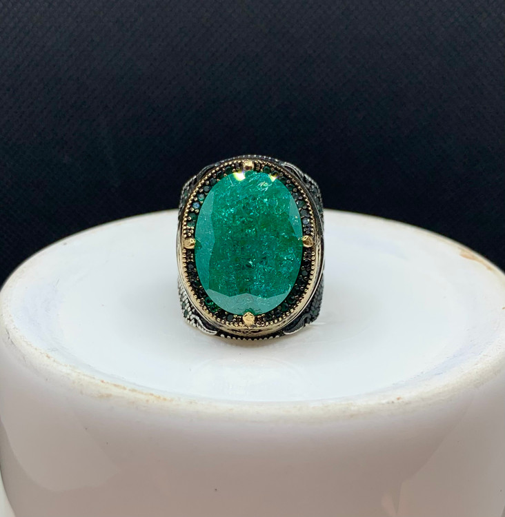 انگشتر نقره مردانه کهربا سبز