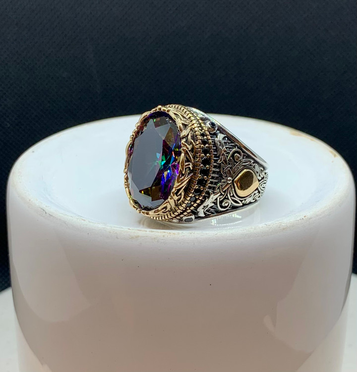 انگشتر نقره مردانه کوارتز هفت رنگ بیضی