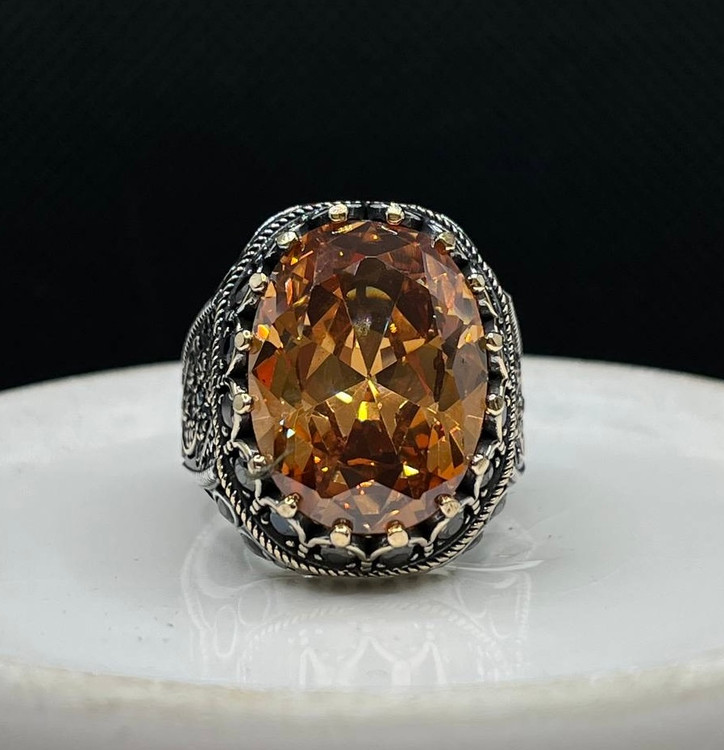انگشتر نقره مردانه سیترین بیضی