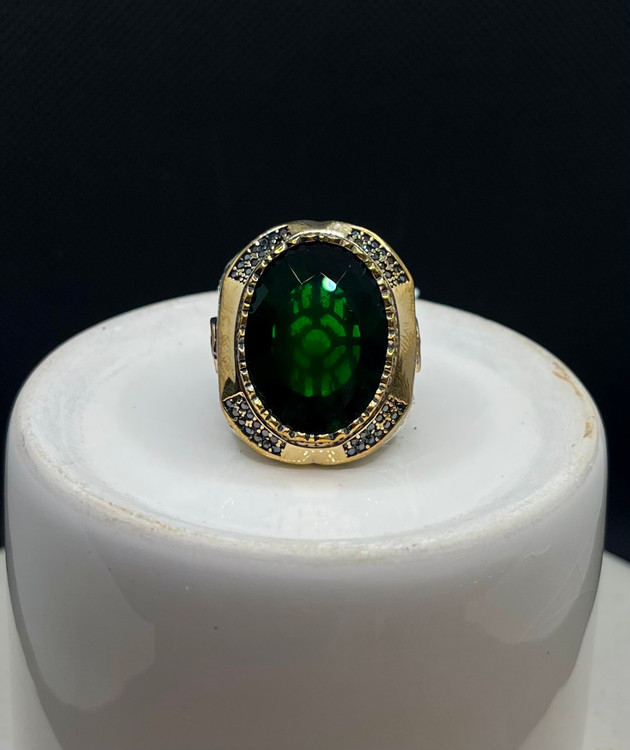 انگشتر نقره مردانه کوارتز سبز شطرنجی