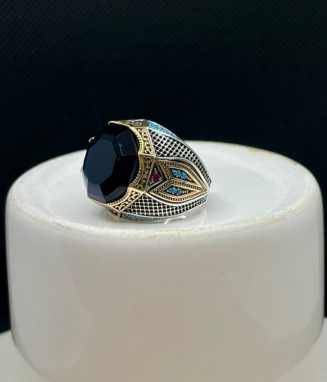 انگشتر نقره مردانه یاقوت کبود هشت ضلعی