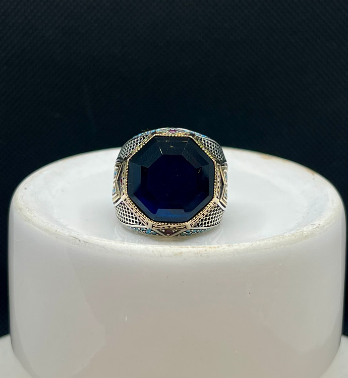 انگشتر نقره مردانه یاقوت کبود هشت ضلعی