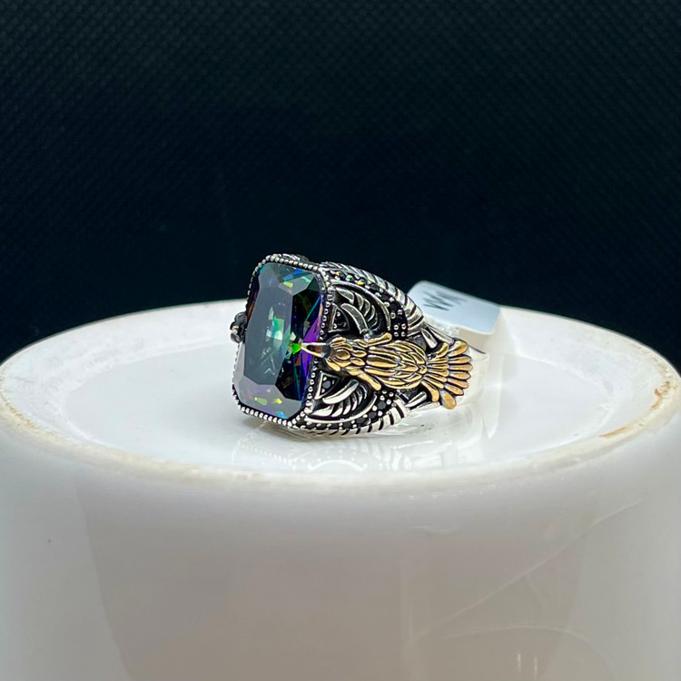 انگشتر نقره مردانه کوارتز هفت رنگ طرح عقاب