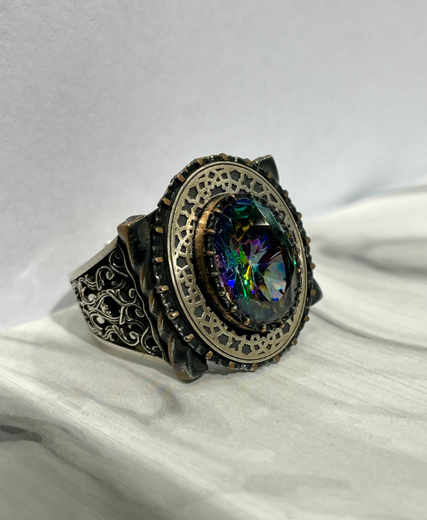 انگشتر نقره مردانه کوارتز هفت رنگ