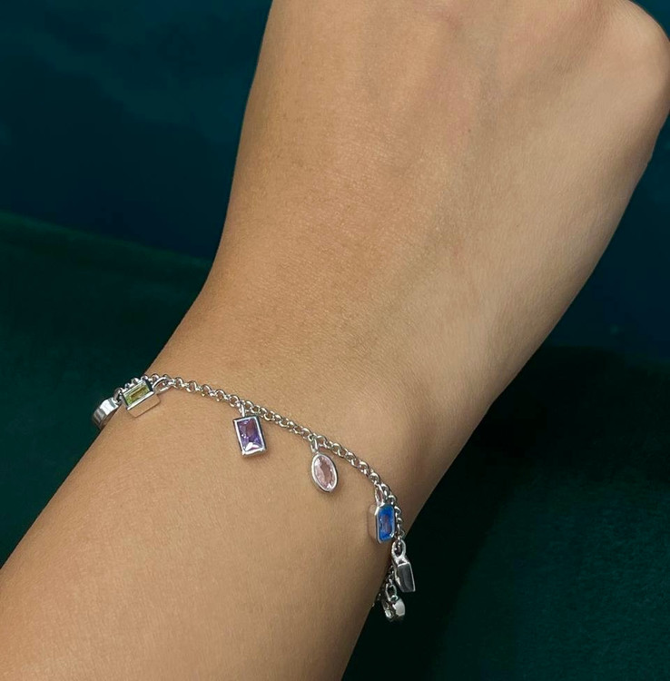 دستبند نقره زنانه فانتزی نگین رنگی