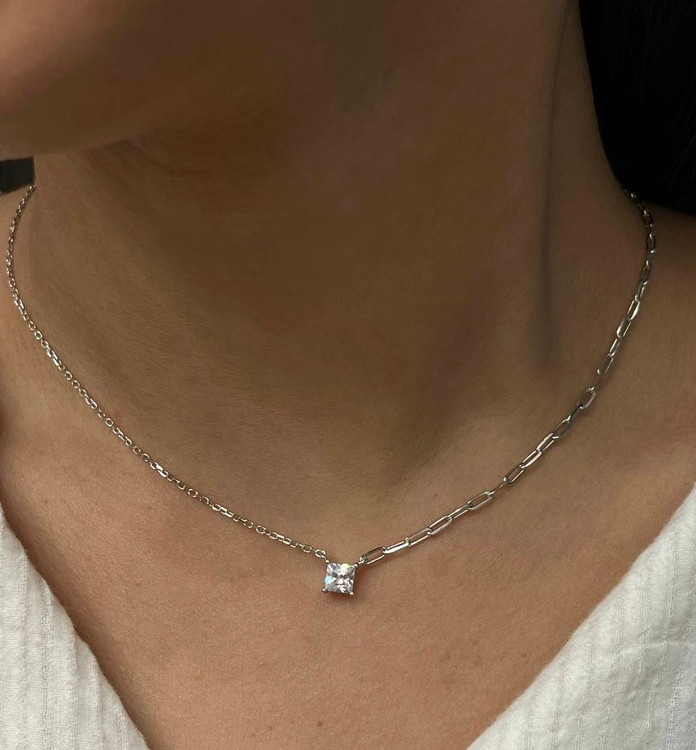 گردنبند نقره زنانه تک نگین زنجیر دیپلمات