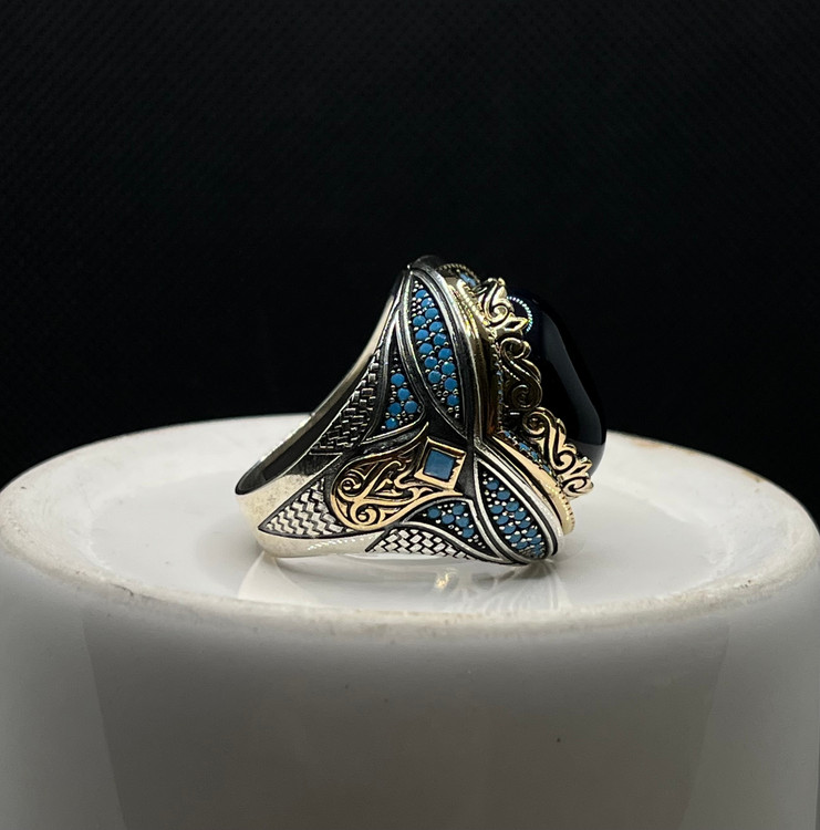 انگشتر نقره مردانه کوارتز سرمه ای میناکاری شده