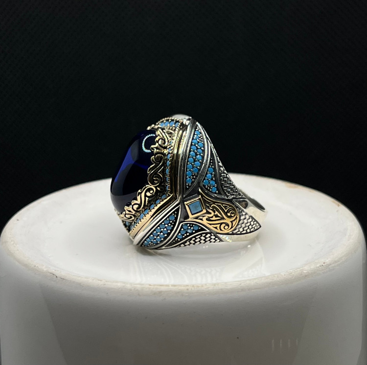 انگشتر نقره مردانه کوارتز سرمه ای میناکاری شده