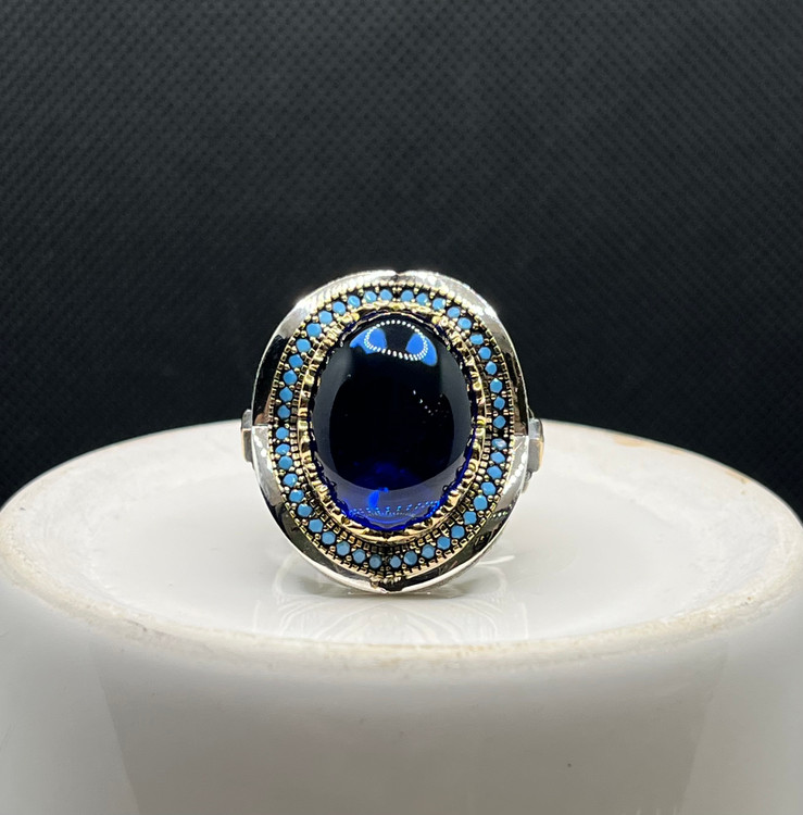 انگشتر نقره مردانه کوارتز سرمه ای میناکاری شده