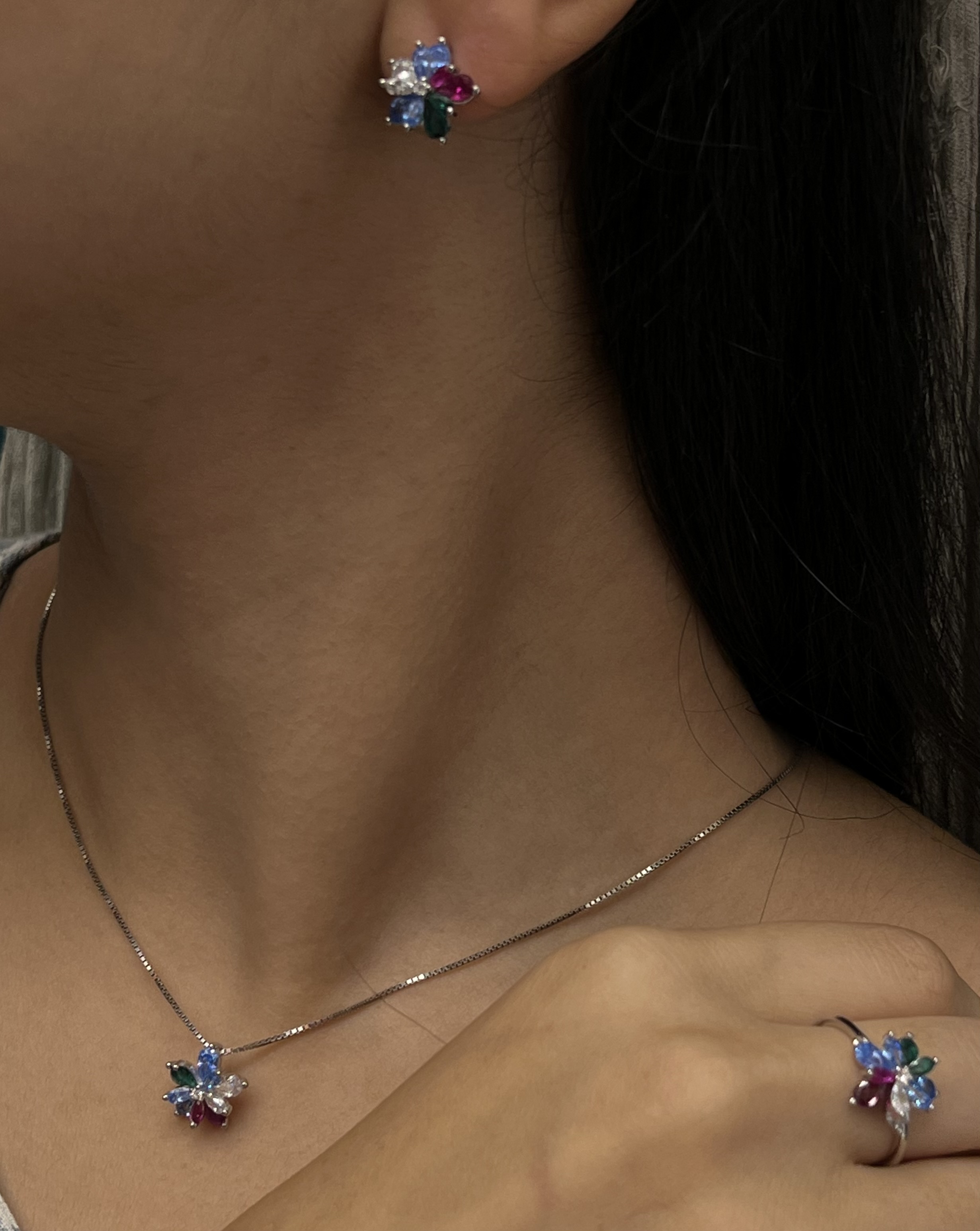 نیم ست نقره زنانه طرح فلاور موزانایت رنگی اشکی