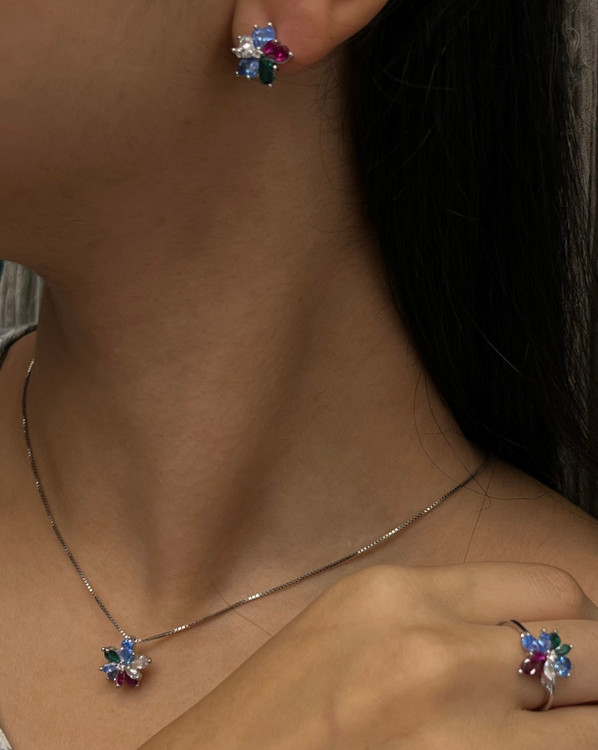 نیم ست نقره زنانه طرح فلاور موزانایت رنگی اشکی