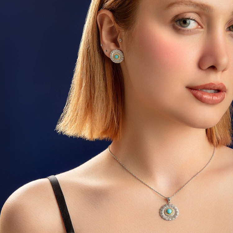 نیم ست نقره زنانه سنتی گل آفتابگردون فیروزه