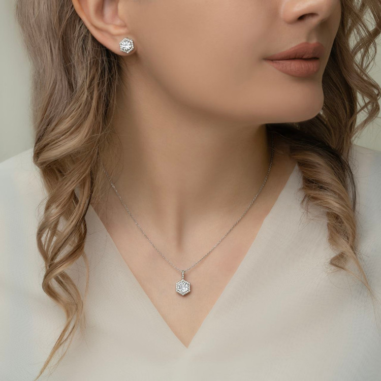 نیم ست نقره زنانه شش ضلعی نگین گرد