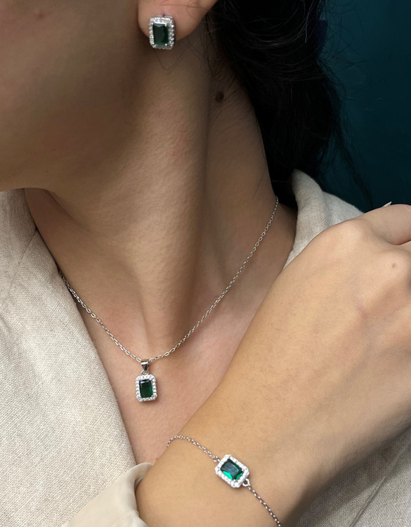 نیم ست نقره زنانه زمرد سبز دور نگین