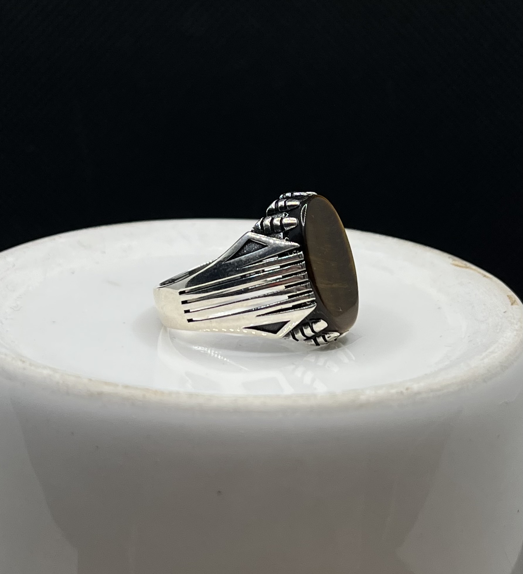 انگشتر نقره مردانه چشم ببر بیضی صفحه تخت