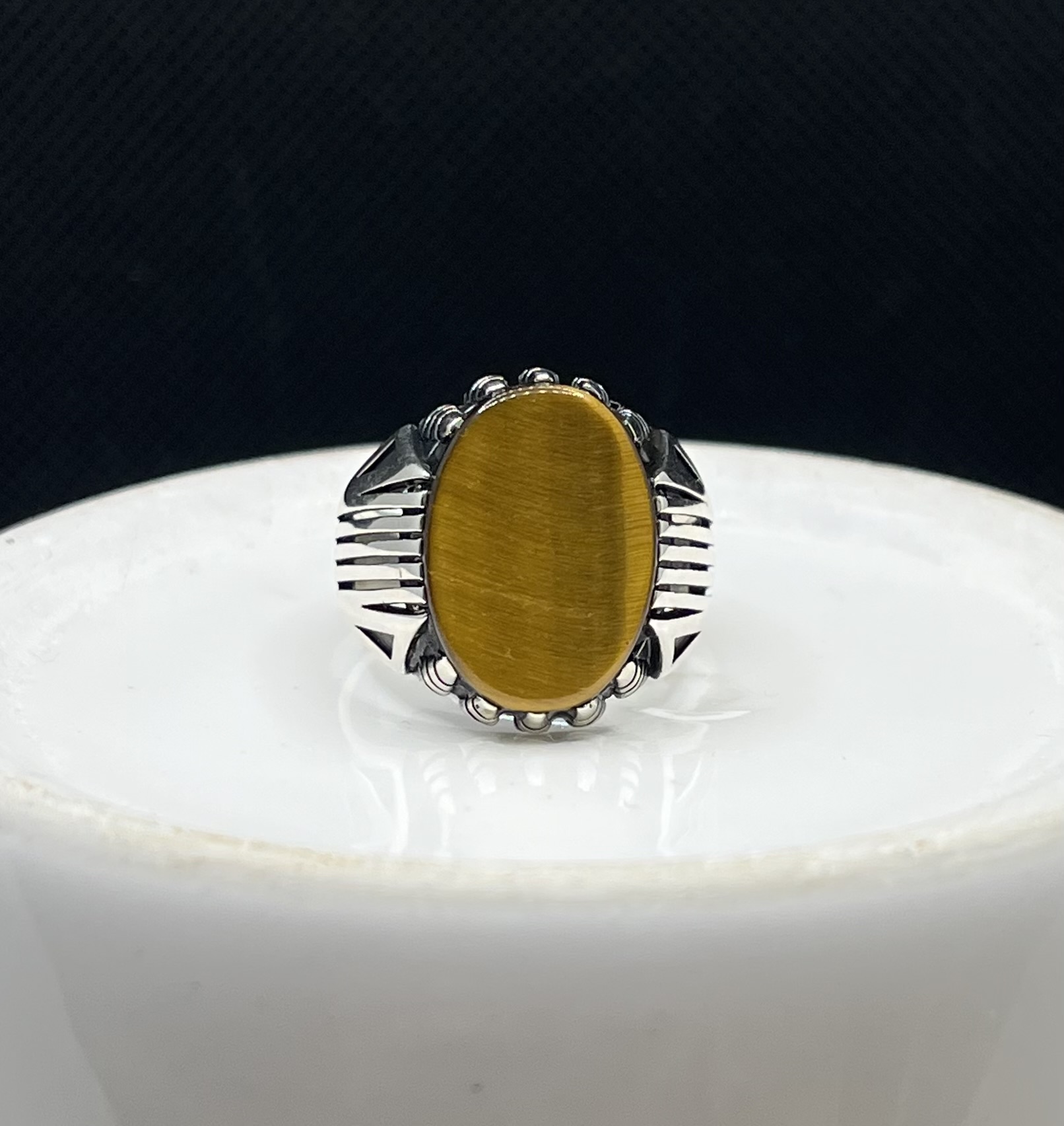 انگشتر نقره مردانه چشم ببر بیضی صفحه تخت