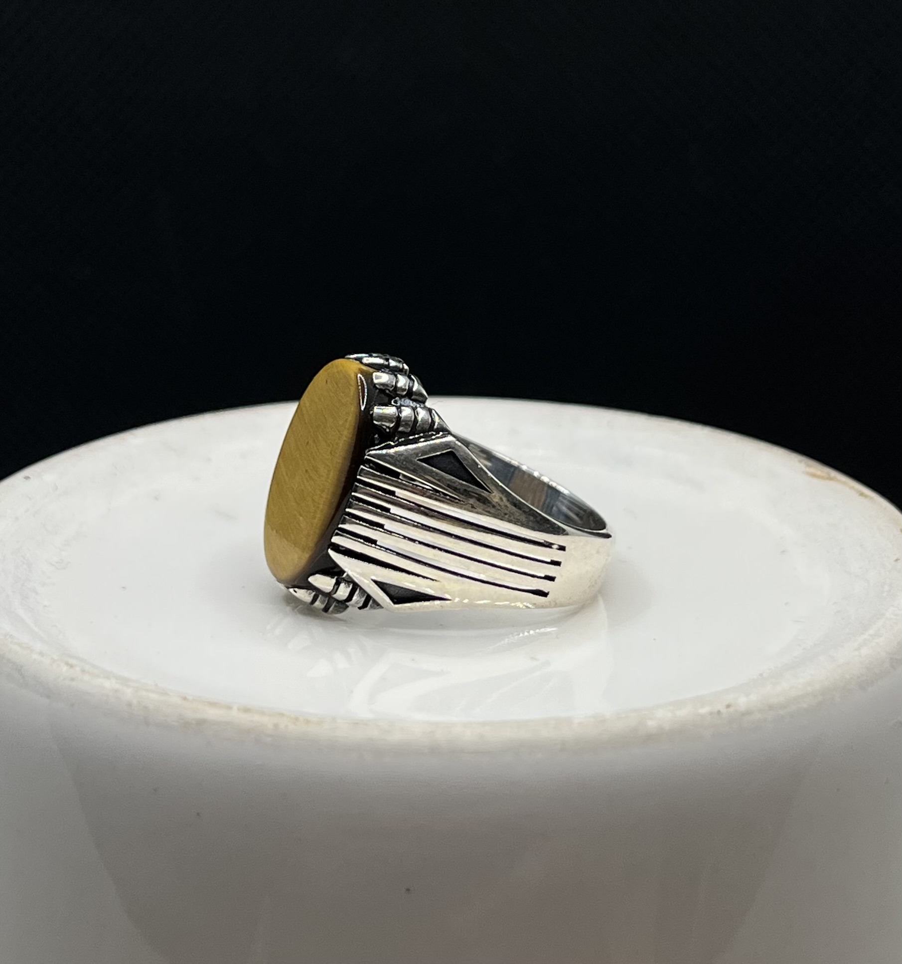 انگشتر نقره مردانه چشم ببر بیضی صفحه تخت