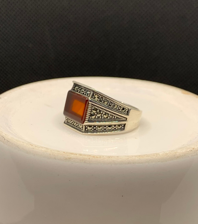 انگشتر نقره مردانه عقیق قرمز نگین مارکازیت